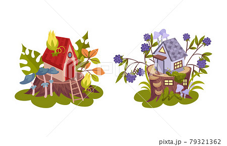 Little Fairy House Rested on Tree Stump with Flora and Foliage Vector Set Little Fairy House Rested on Tree Stump with Flora and Foliage Vector Set 79321362