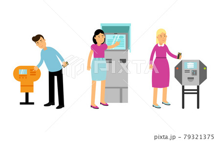 People Characters Using Electronic Self Service Terminals and ATM Machine Vector Illustration Set 79321375
