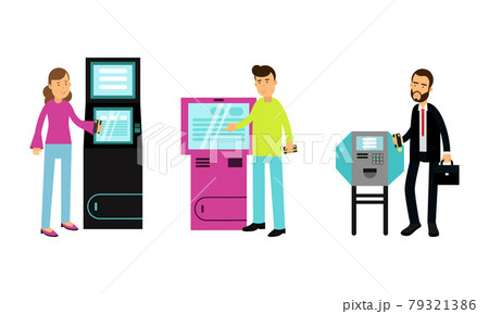 People Characters Using Electronic Self Service Terminals and ATM Machine Vector Illustration Set 79321386
