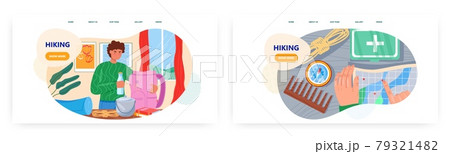 Hiking landing page design, website banner vector template set. Hiker packing tourist backpack with camping hiking gear. 79321482