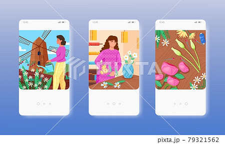 Florist designer growing flowers, making bouquet. Mobile app screens, vector website banner template. UI web site design Florist designer growing flowers, making bouquet. Mobile app screens, vector website banner template. UI web site design 79321562