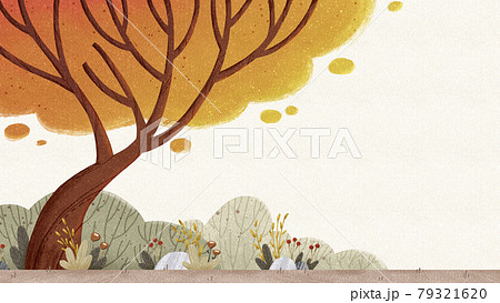 手描きの秋の背景イラスト 紅葉した木と植物のイラスト素材