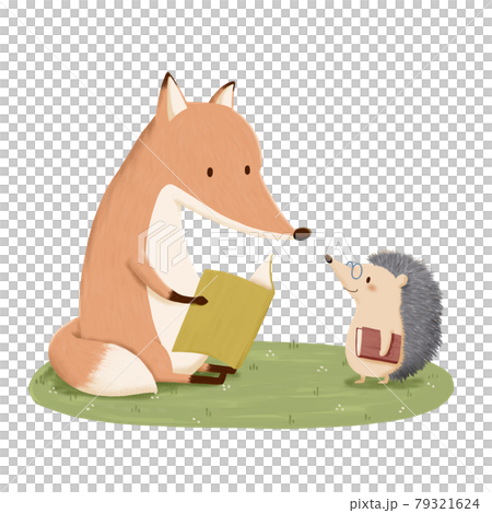 Illustration of a fox and a hedgehog reading a book 79321624