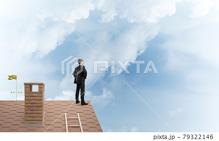 Mister boss on brick roof with arms akimbo. Mixed media Mister boss on brick roof with arms akimbo. Mixed media 79322146