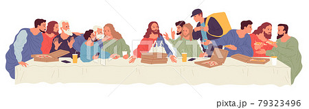 People sitting at table with food delivered by courier from food delivery service. Illustration based on Leonardo Da Vinci painting The Last Supper 79323496