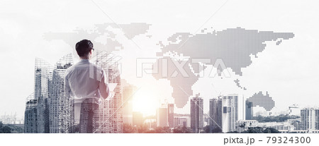 Concept of business success and control with confident boss against cityscape background Concept of business success and control with confident boss against cityscape background 79324300