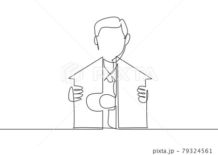 Continuous one line drawing young handsome male worker arrange piece of puzzle into house building. Success business manager minimalist concept. Single line draw design vector graphic illustration 79324561
