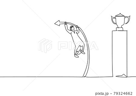 Single continuous line drawing young Arabic businessman jump pole vaulting to get winning trophy. Strategy to reach business goal. Minimalism concept one line draw graphic design vector illustration 79324662