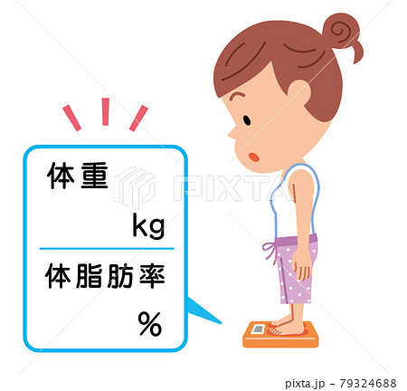 体重計に乗って体重と体脂肪率を測定する若い女性のイラスト素材