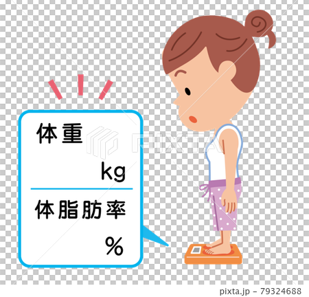 体重計に乗って体重と体脂肪率を測定する若い女性 79324688