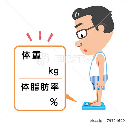 体重計に乗って体重と体脂肪率を測定する中年男性 79324690
