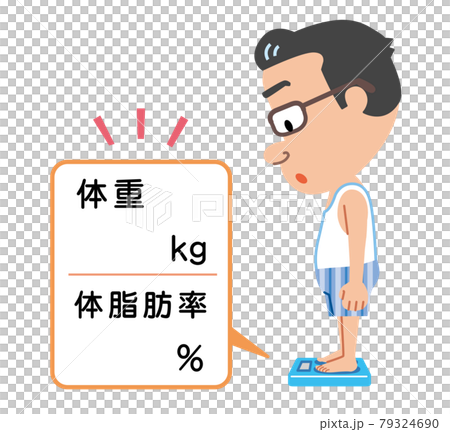 体重計に乗って体重と体脂肪率を測定する中年男性 79324690