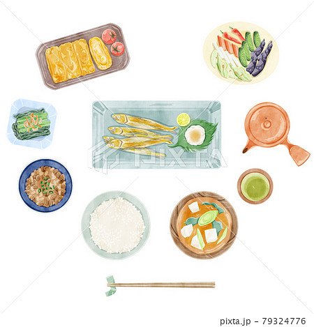 日本の朝食（和食）手描き水彩風イラスト 79324776