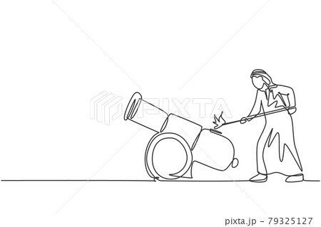 Single continuous line drawing young Arab businessman fire on cannon ball wick weapon. Smart professional manager metaphor. Minimalism concept dynamic one line draw graphic design vector illustration Single continuous line drawing young Arab businessman fire on cannon ball wick weapon. Smart professional manager metaphor. Minimalism concept dynamic one line draw graphic design vector illustration 79325127