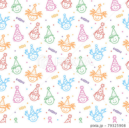 Seamless pattern with Happy Birthday doodles. Funny children faces. Kids in festive hats on a fun holiday. Hand drawn children drawing. Color vector illustration in doodle style on white background 79325908