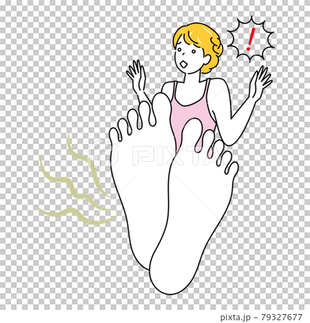 スキンケア 自分の足が臭くて驚き悲しんでいる可愛い女性 足裏のアップ イラスト ベクター 79327677