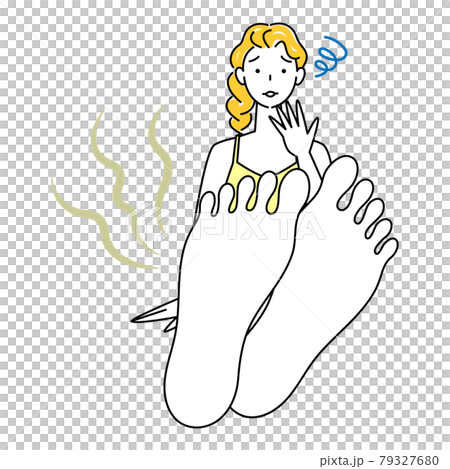スキンケア 自分の足が臭くて驚き悲しんでいる可愛い女性 足裏のアップ イラスト ベクター 79327680