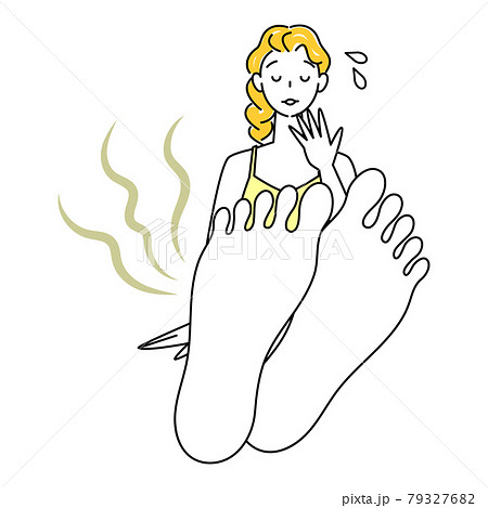 スキンケア 自分の足が臭くて驚き悲しんでいる可愛い女性 足裏のアップ イラスト ベクターのイラスト素材