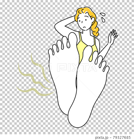 スキンケア 自分の足が臭くて驚き悲しんでいる可愛い女性 足裏のアップ イラスト ベクター 79327685