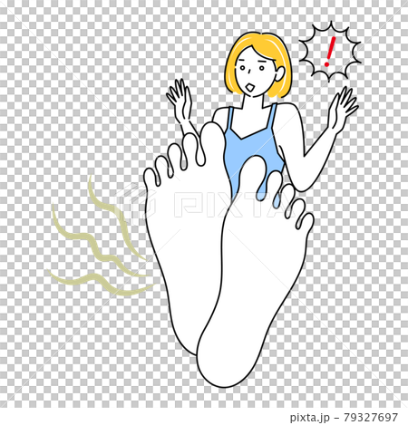 Skin care A cute woman who is surprised and sad because her feet are stinky. 79327697