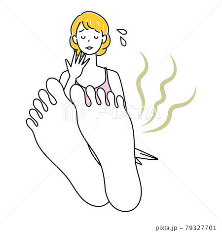 スキンケア 自分の足が臭くて驚き悲しんでいる可愛い女性 足裏のアップ イラスト ベクターのイラスト素材