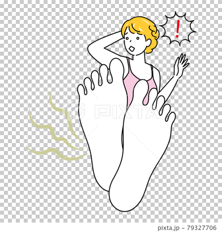 スキンケア 自分の足が臭くて驚き悲しんでいる可愛い女性 足裏のアップ イラスト ベクター 79327706