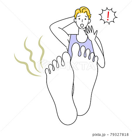 スキンケア 自分の足が臭くて驚き悲しんでいる可愛い男性 足裏のアップ イラスト ベクターのイラスト素材 スキンケア 自分の足が臭くて驚き悲しんでいる可愛い男性 足裏のアップ イラスト ベクターのイラスト素材