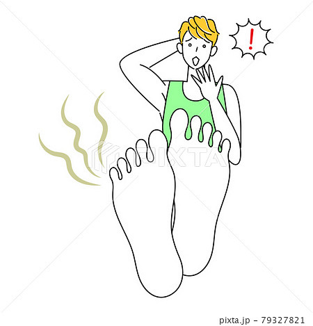 スキンケア 自分の足が臭くて驚き悲しんでいる可愛い男性 足裏のアップ イラスト ベクターのイラスト素材