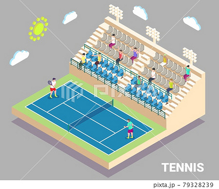 Isometric tennis stadium with outdoor court and tribune. Sport field with players and fans, flat vector illustration. 79328239