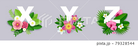 Floral alphabet, vector paper cut illustration. X, Y, Z English capital letters with exotic tropical leaves and flowers. 79328544