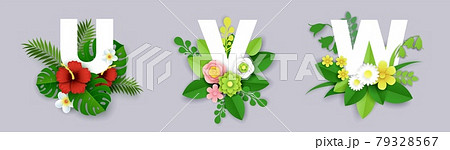 Floral alphabet, vector paper cut illustration. U, V, W English capital letters with exotic tropical leaves and flowers. Floral alphabet, vector paper cut illustration. U, V, W English capital letters with exotic tropical leaves and flowers. 79328567