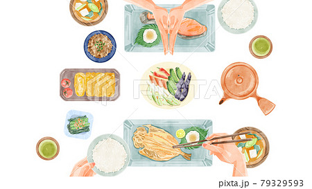 日本の朝食（和食）食卓風景手描き水彩風イラスト 79329593