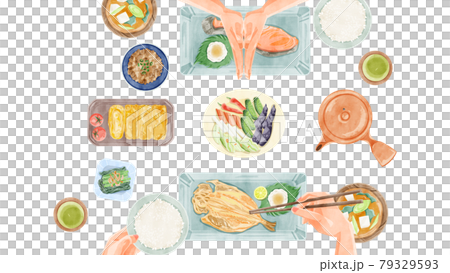 日本の朝食（和食）食卓風景手描き水彩風イラスト 79329593