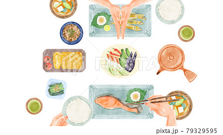 日本の朝食 和食 食卓風景手描き水彩風イラストのイラスト素材