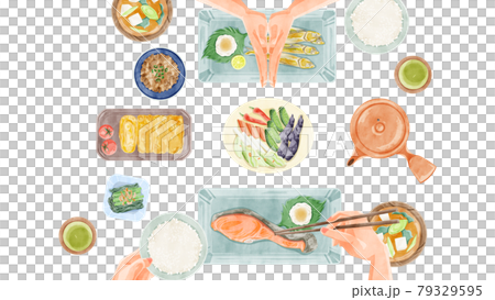 日式早餐(日本料理)餐桌風景手繪水彩風格插畫 日式早餐(日本料理)餐桌風景手繪水彩風格插畫 79329595