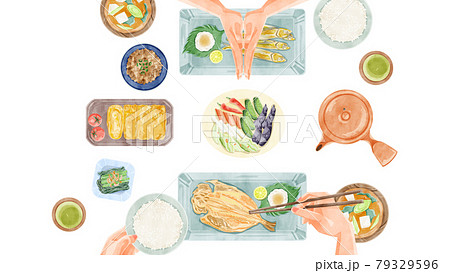 日本の朝食（和食）食卓風景手描き水彩風イラスト 79329596