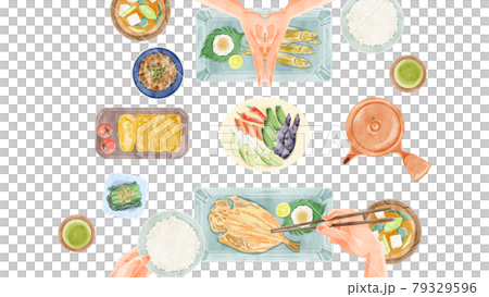 Japanese breakfast (Japanese food) dining table landscape hand-painted watercolor style illustration 79329596