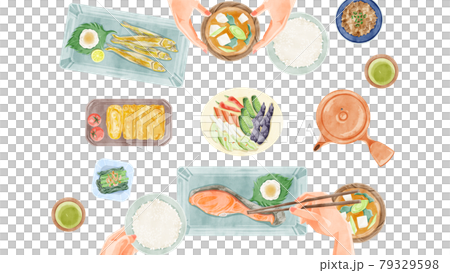 日式早餐(日本料理)餐桌風景手繪水彩風格插畫 日式早餐(日本料理)餐桌風景手繪水彩風格插畫 79329598