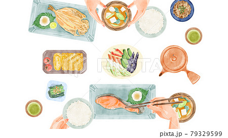 日本の朝食 和食 食卓風景手描き水彩風イラストのイラスト素材