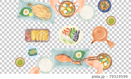 日本の朝食（和食）食卓風景手描き水彩風イラスト 79329599
