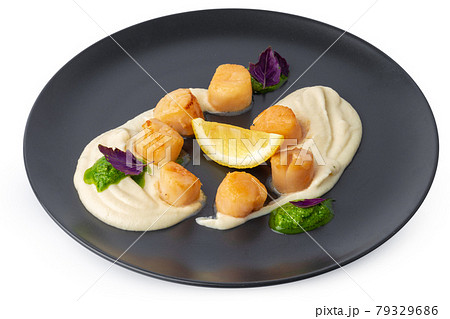 Cooked scallops in creamy sauce on black plate isolated on white 79329686