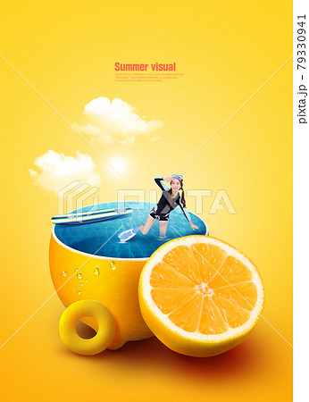 summer graphic visual, Asian model in swimsuit, bikini with tropical object 79330941