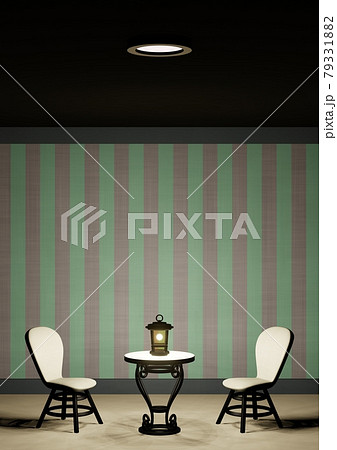 部屋 ストライプ壁紙 緑 椅子 テーブル ランタン ランプ 3dcgのイラスト素材