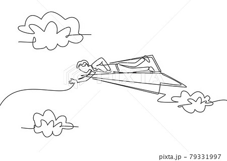 Single one line drawing of young smart business man lay down on flying paper airplane to reach sky. Business metaphor concept. Modern continuous line draw. Minimal design graphic vector illustration 79331997