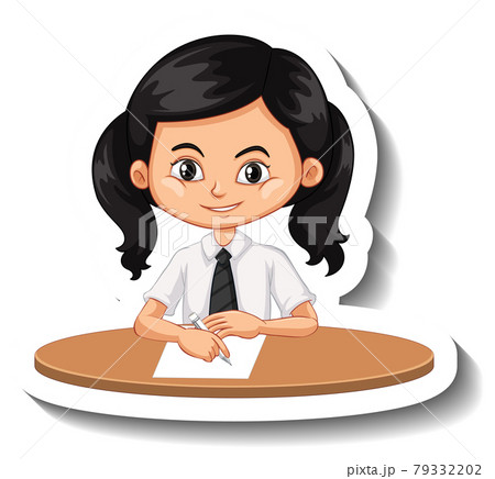 Student girl sit at desk cartoon sticker 79332202