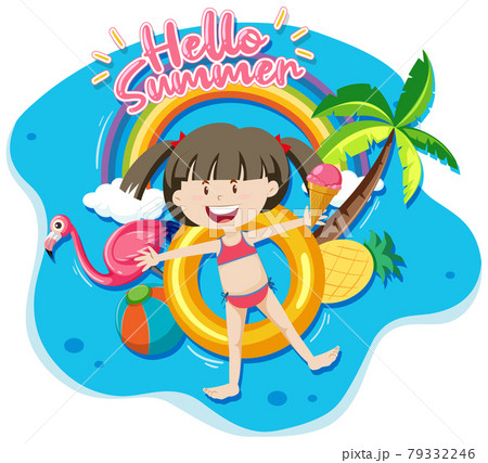Hello summer banner with a girl laying on swimming ring isolated 79332246