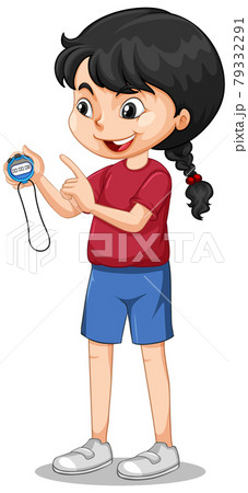 Happy girl standing and holding a timer Happy girl standing and holding a timer 79332291