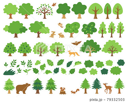 色々な緑の木と森の動物のアイコンセットのイラスト素材