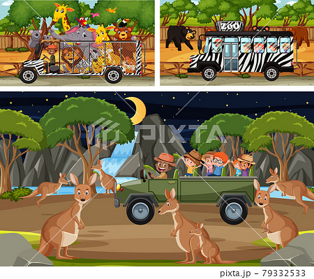 Different Safari Scenes With Animals And Kids のイラスト素材