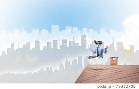Concept of security and privacy protection with camera headed man meditating Concept of security and privacy protection with camera headed man meditating 79332708